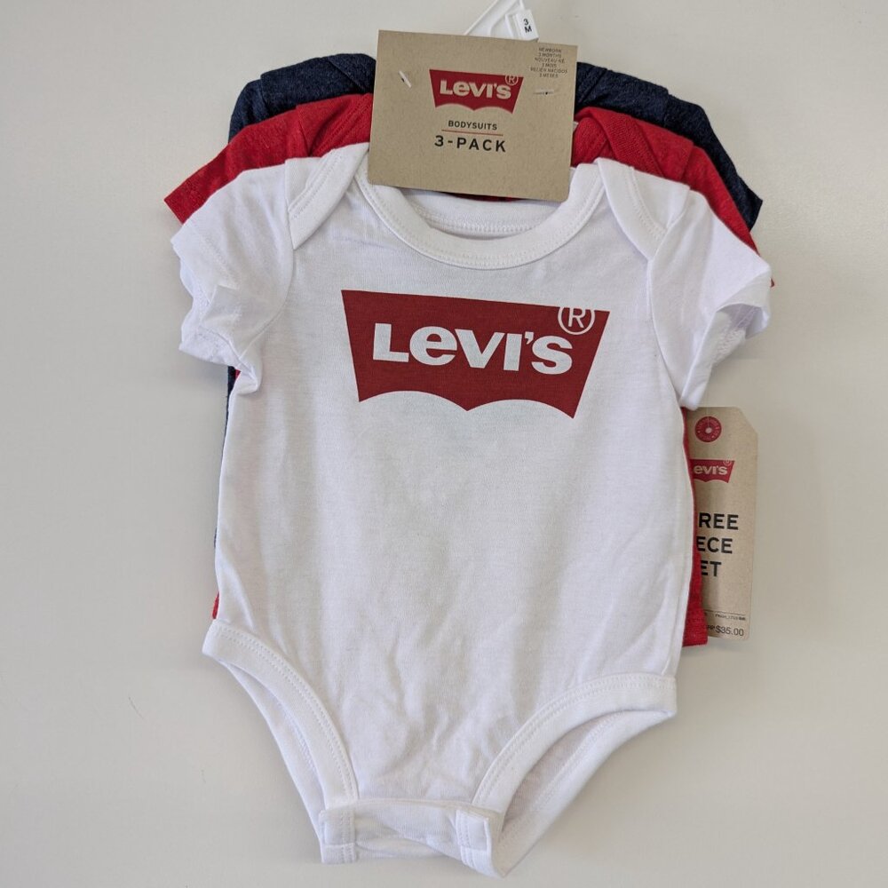 Levi's 3 Pack Bodysuits Sz Newborn To 3 Months New With Tags Red/White/Blue
